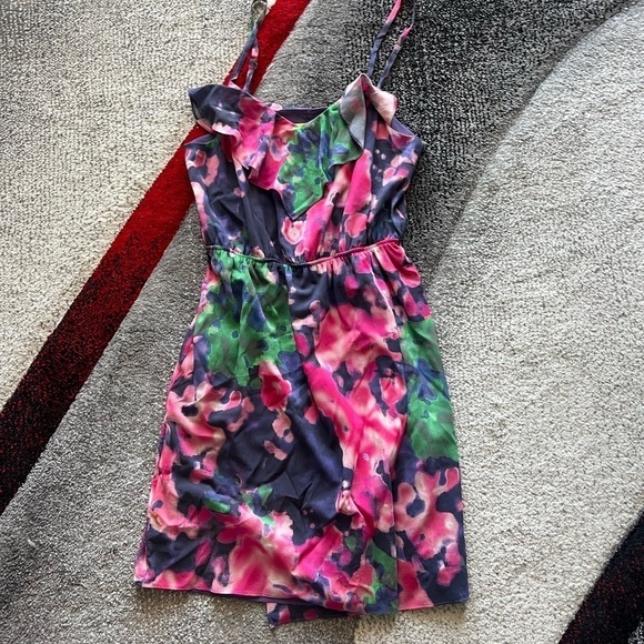 Alice + Olivia Mai Ruffle Top Silk Floral Watercolor Mini Dress - Picture 3 of 6